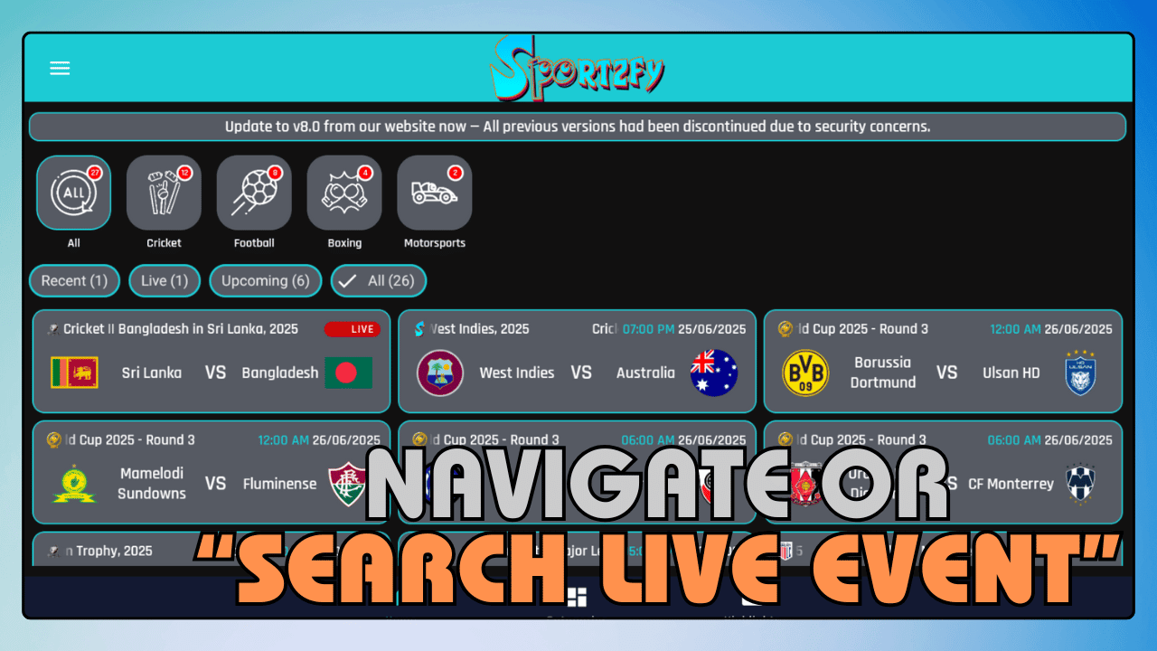 Navigate or Search for Live Events